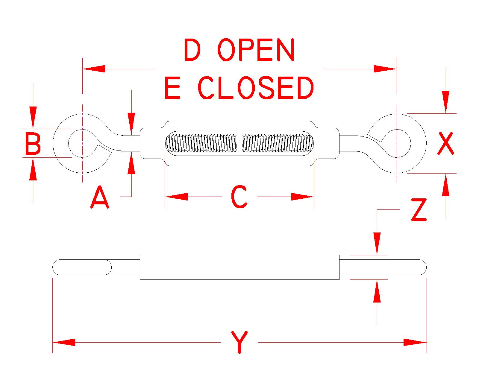 Aluminum and Stainless Steel Eye and Eye Turnbuckle, light duty, A0154-EE05-A, A0154-EE07-A, A0154-EE08-A, A0154-EE10-A, Line Drawing